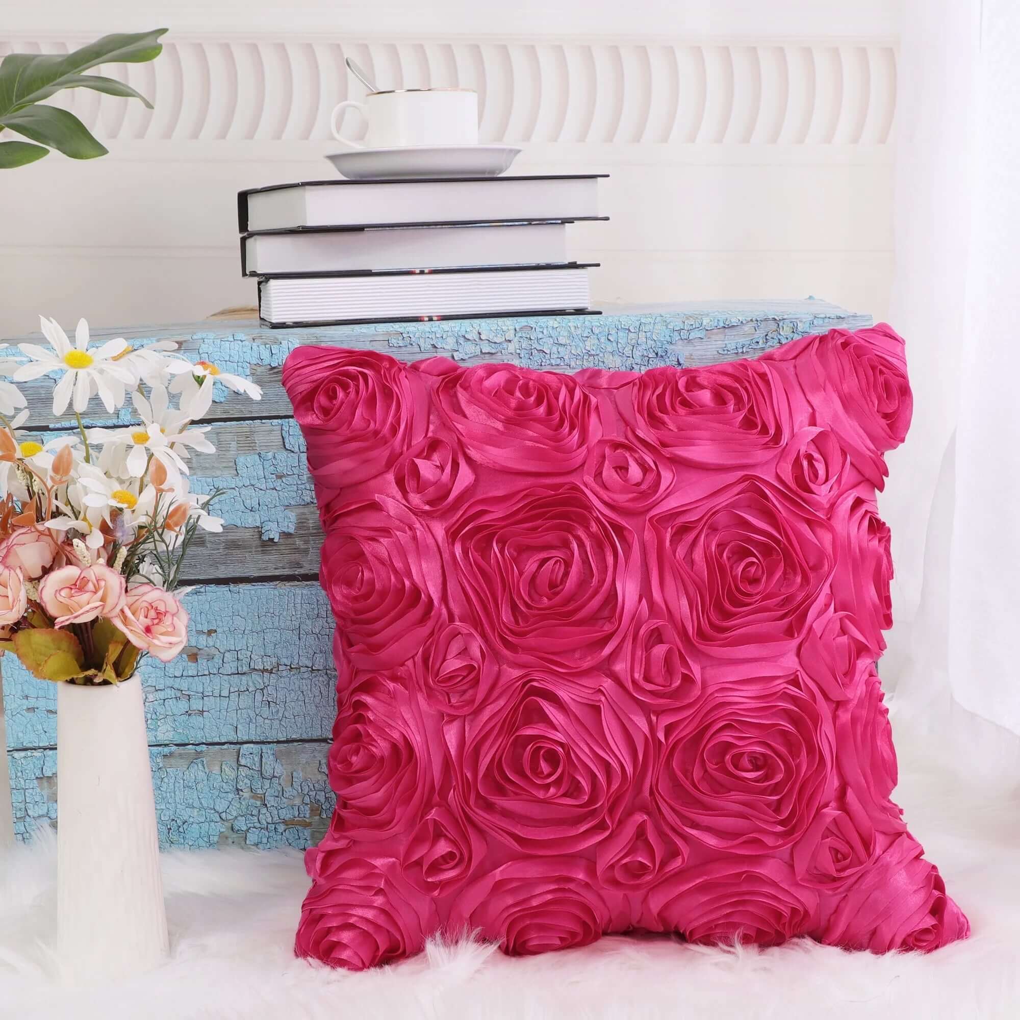  3D Flower Decorative Throw Pillow Cover 16" X 16" Fuchsia Villa Pillows