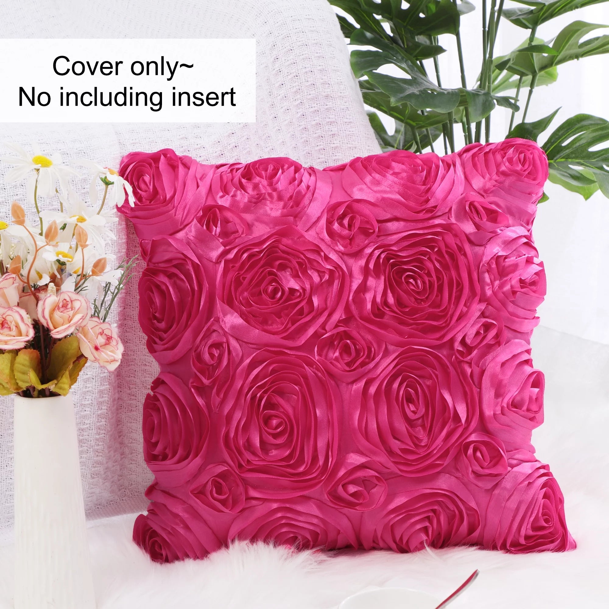  3D Flower Decorative Throw Pillow Cover 16" X 16" Fuchsia Villa Pillows