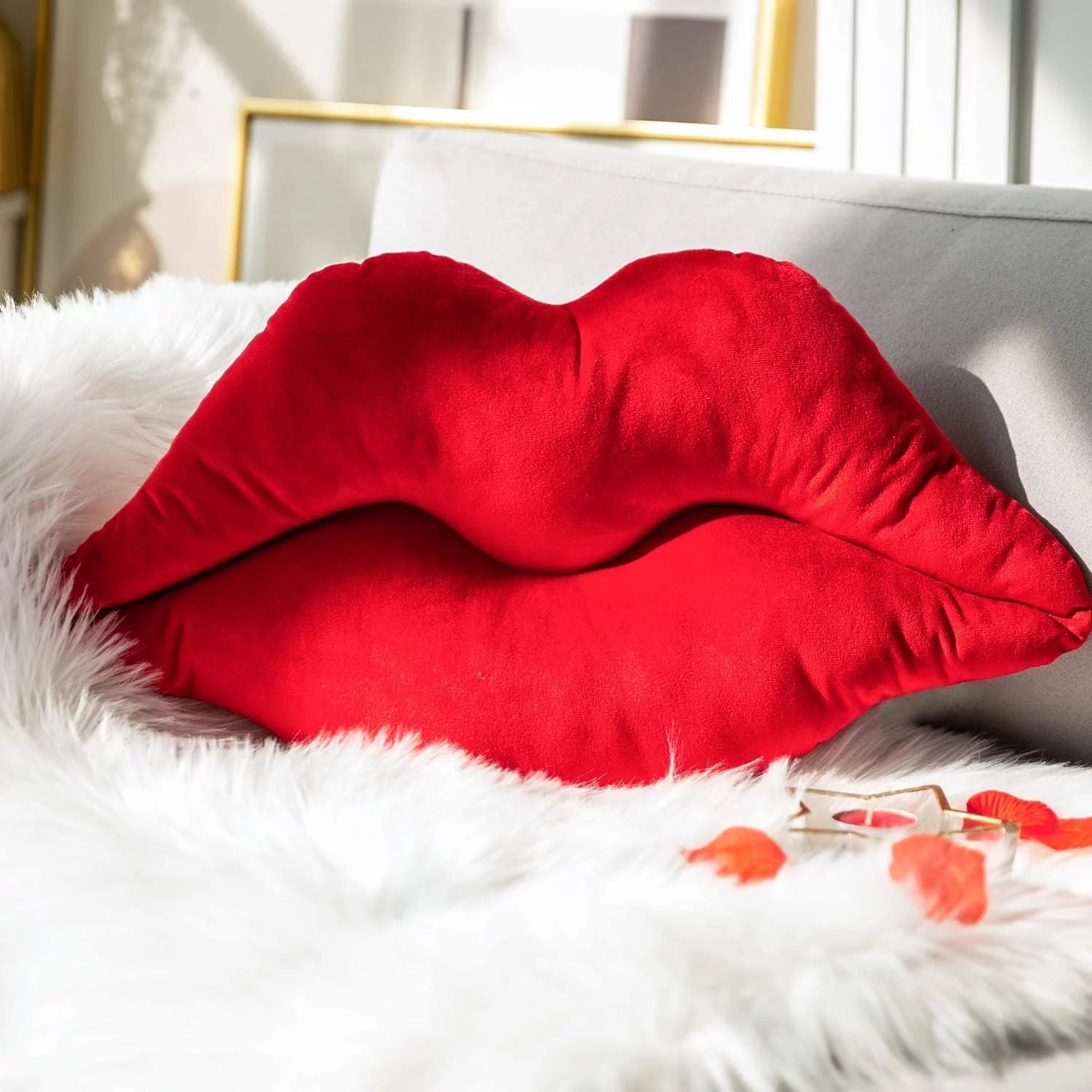 3D Lips Soft Velvet Valentine'S Day Decor Throw Pillows for Couch Bed Living Room, Insert Included, New Red, 20 X 11 Inches