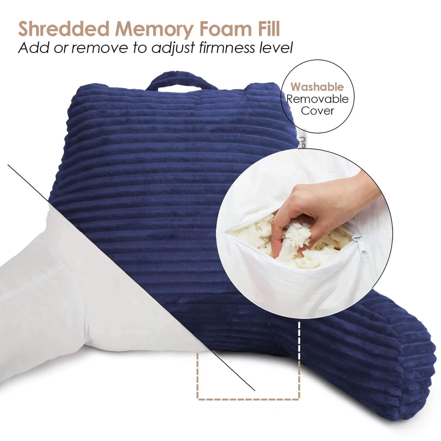 Backrest Reading Pillow, Back Support Pillow with Arms, Shredded Memory Foam Bed Rest Pillow, Navy Blue