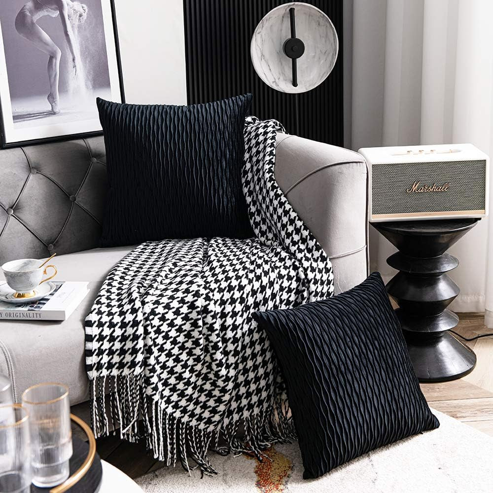 Black Striped Decorative Pillow Covers: 2 Pack 22X22 Inch Original Velvet Square Throw Pillow Cases for Farmhouse Couch