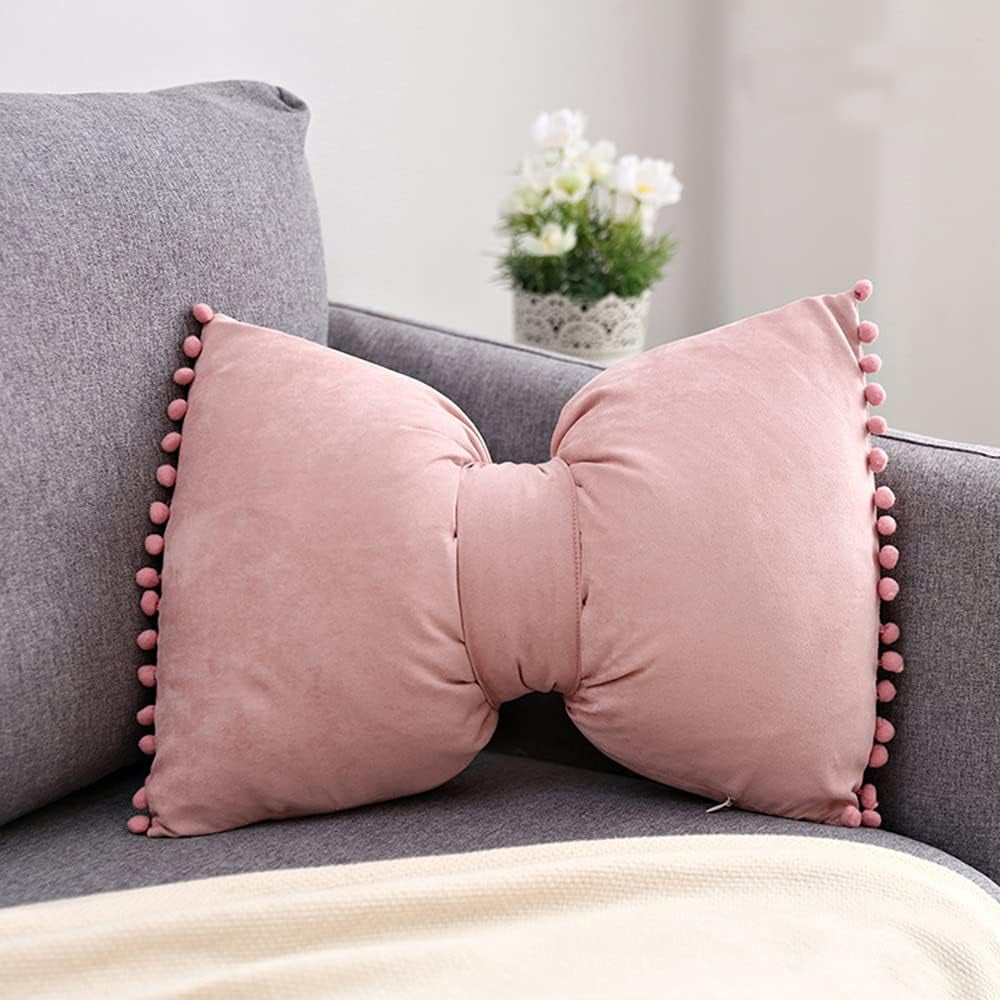  Boho Decorative Throw Pillow Covers with Pom Poms Soft Velvet Pillow Cases Bow Lumbar Pillow Covers 14 X 20 Cushion Case for Bed Couch Living Room Decor Dusty Pink Villa Pillows