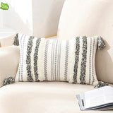 Boho Lumbar Tufted Pillow Cover 12X20 - Textured Striped Green and Cream White