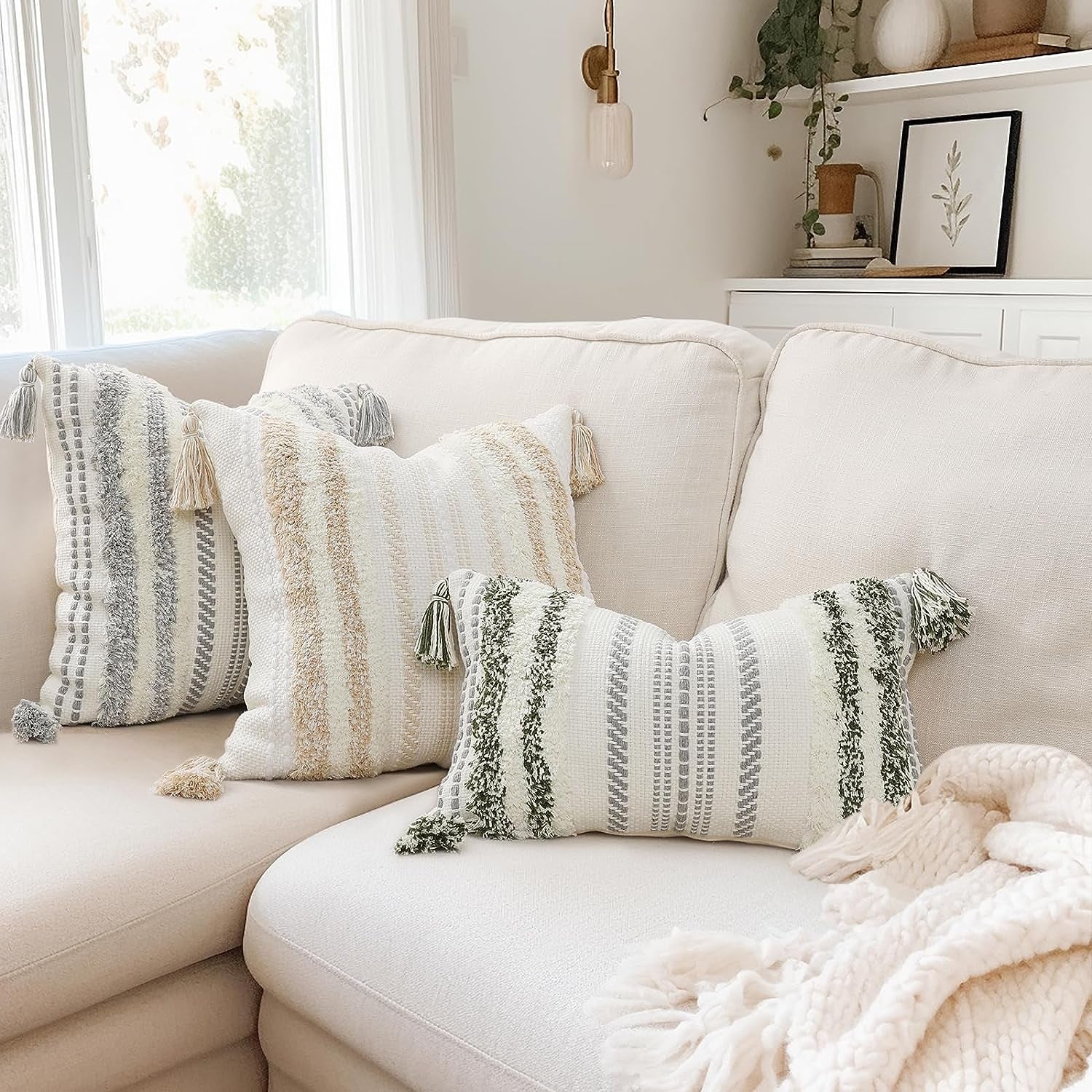 Boho Lumbar Tufted Pillow Cover 12X20 - Textured Striped Green and Cream White