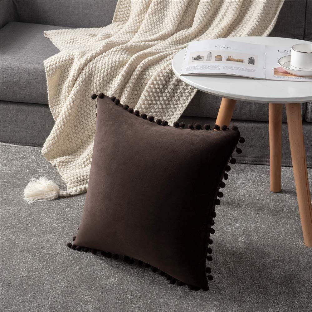  Decorative Pillow Cases 18X18 Chocolate: 2 Pack Cozy Soft Pom-Poms Velvet Square Throw Pillow Covers for Farmhouse Home Decor Villa Pillows