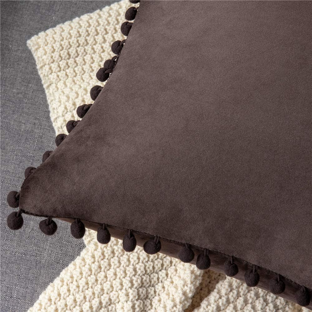  Decorative Pillow Cases 18X18 Chocolate: 2 Pack Cozy Soft Pom-Poms Velvet Square Throw Pillow Covers for Farmhouse Home Decor Villa Pillows