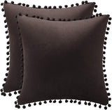  Decorative Pillow Cases 18X18 Chocolate: 2 Pack Cozy Soft Pom-Poms Velvet Square Throw Pillow Covers for Farmhouse Home Decor Villa Pillows