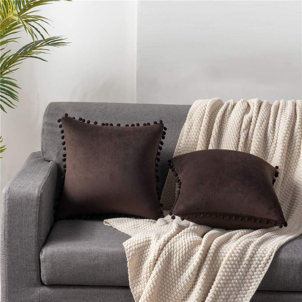  Decorative Pillow Cases 18X18 Chocolate: 2 Pack Cozy Soft Pom-Poms Velvet Square Throw Pillow Covers for Farmhouse Home Decor Villa Pillows