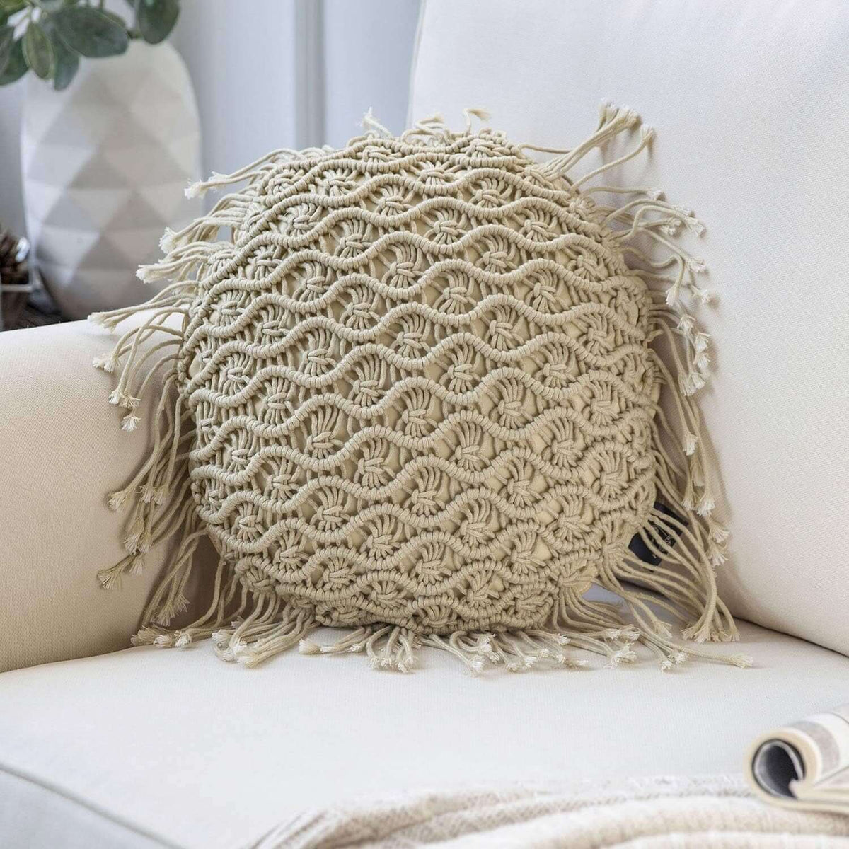 100% Cotton Handmade Crochet Woven Boho Throw Pillow with Tassel Cute Farmhouse Pillow Insert Included Lumbar Small Decorative Cushion for Couch Sofa, Beige,16 Inches Round