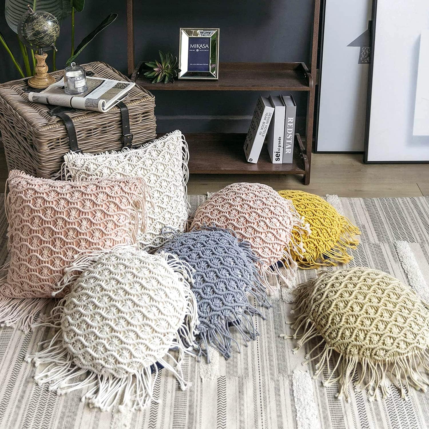 100% Cotton Handmade Crochet Woven Boho Throw Pillow with Tassel Cute Farmhouse Pillow Insert Included Lumbar Small Decorative Cushion for Couch Sofa, Beige,16 Inches Round