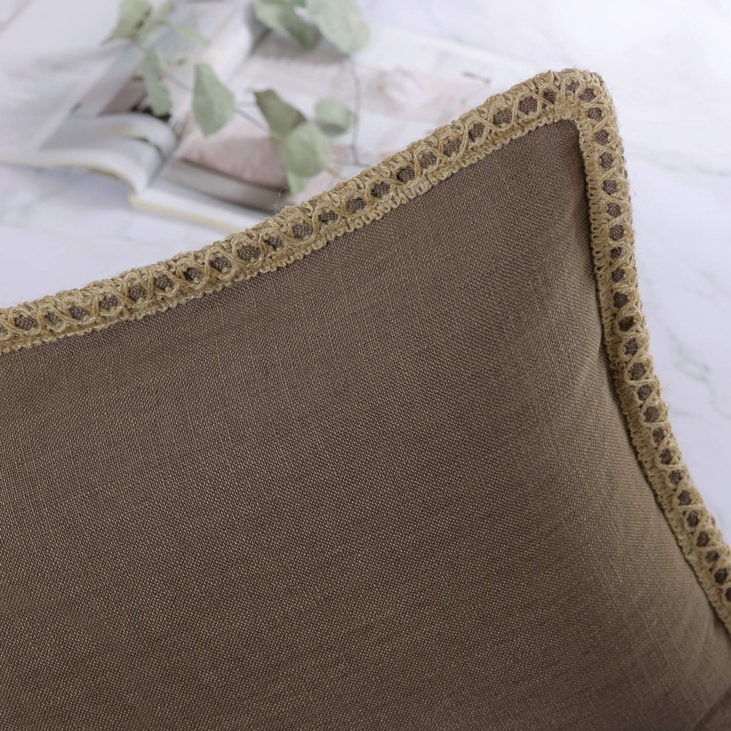 Farmhouse Solid Throw Decorative Pillow Cover Burlap Linen Trimmed Tailored Edges Outdoor Pillow Coffee 18 X 18 Inches, 45 X 45 Cm