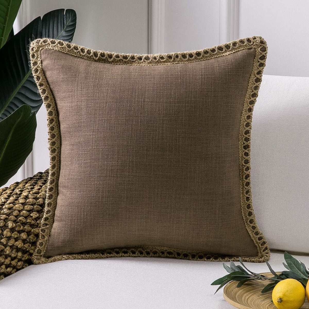 Farmhouse Solid Throw Decorative Pillow Cover Burlap Linen Trimmed Tailored Edges Outdoor Pillow Coffee 18 X 18 Inches, 45 X 45 Cm