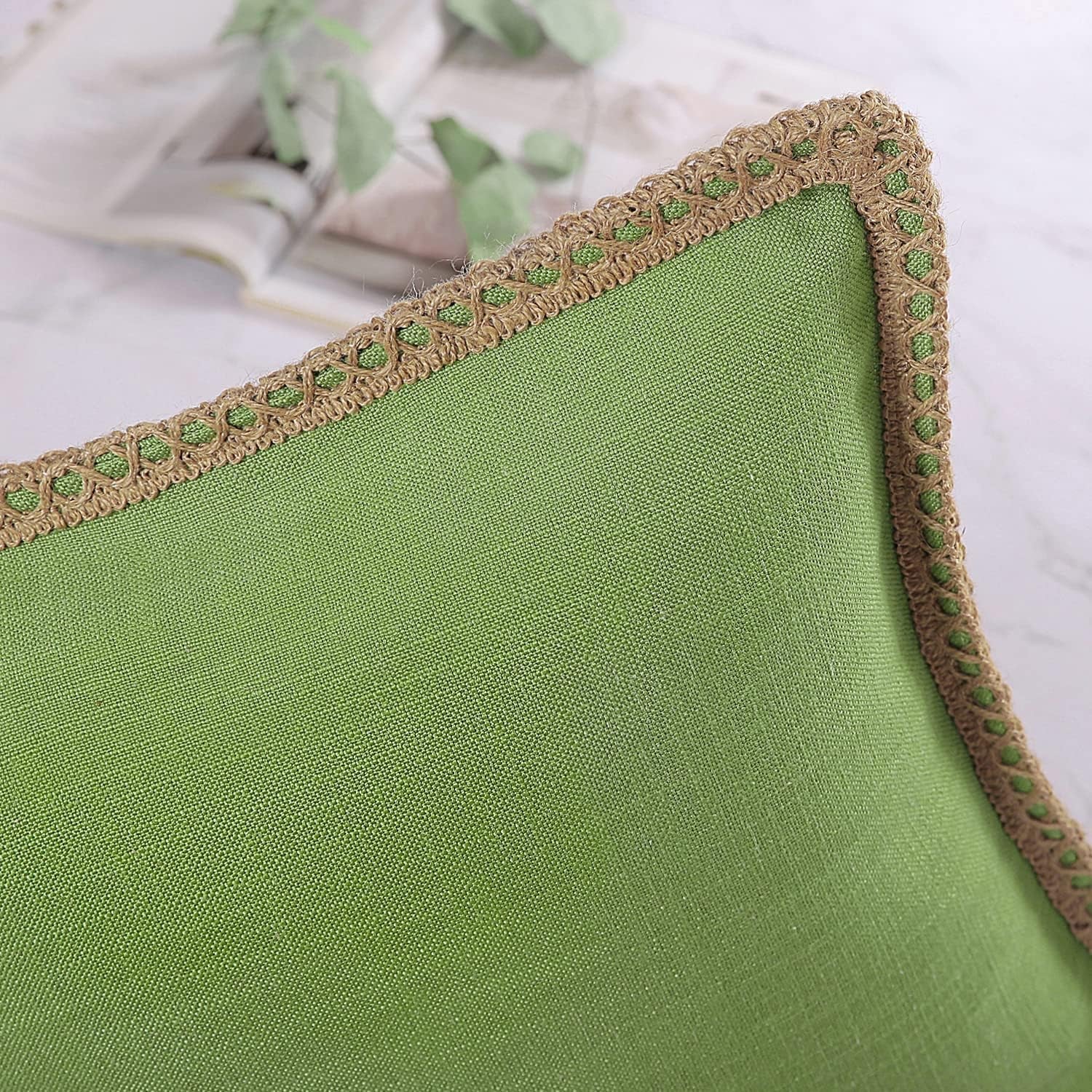 Farmhouse Solid Throw Decorative Pillow Cover Christmas Burlap Linen Pillow Cover Trimmed Tailored Edges Outdoor Pillow Green 18 X 18 Inches, 45 X 45 Cm