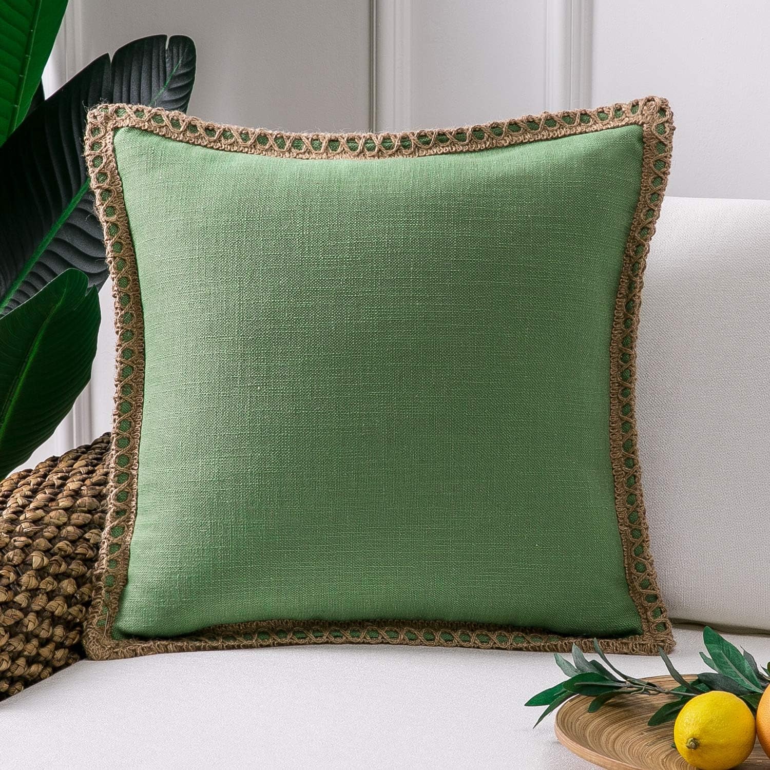 Farmhouse Solid Throw Decorative Pillow Cover Christmas Burlap Linen Pillow Cover Trimmed Tailored Edges Outdoor Pillow Green 18 X 18 Inches, 45 X 45 Cm