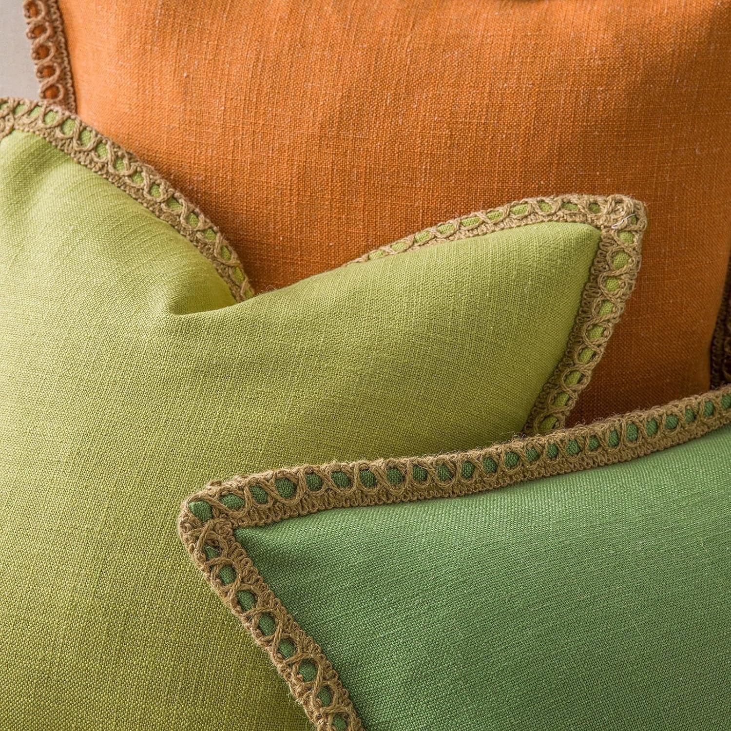 Farmhouse Solid Throw Decorative Pillow Cover Christmas Burlap Linen Pillow Cover Trimmed Tailored Edges Outdoor Pillow Green 18 X 18 Inches, 45 X 45 Cm