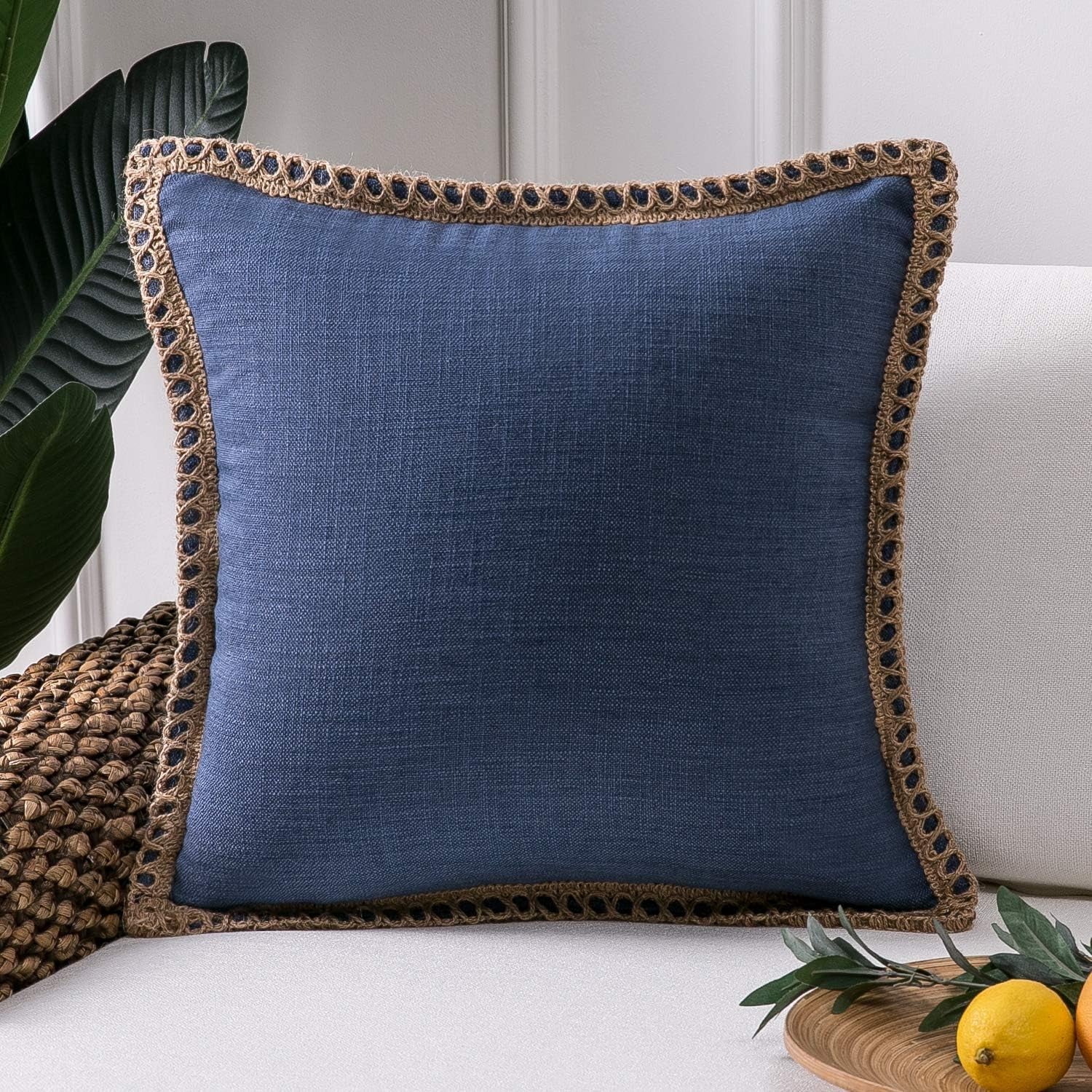 Farmhouse Solid Throw Decorative Pillow Cover Burlap Linen Trimmed Tailored Edges Outdoor Pillow Navy Blue 18 X 18 Inches, 45 X 45 Cm