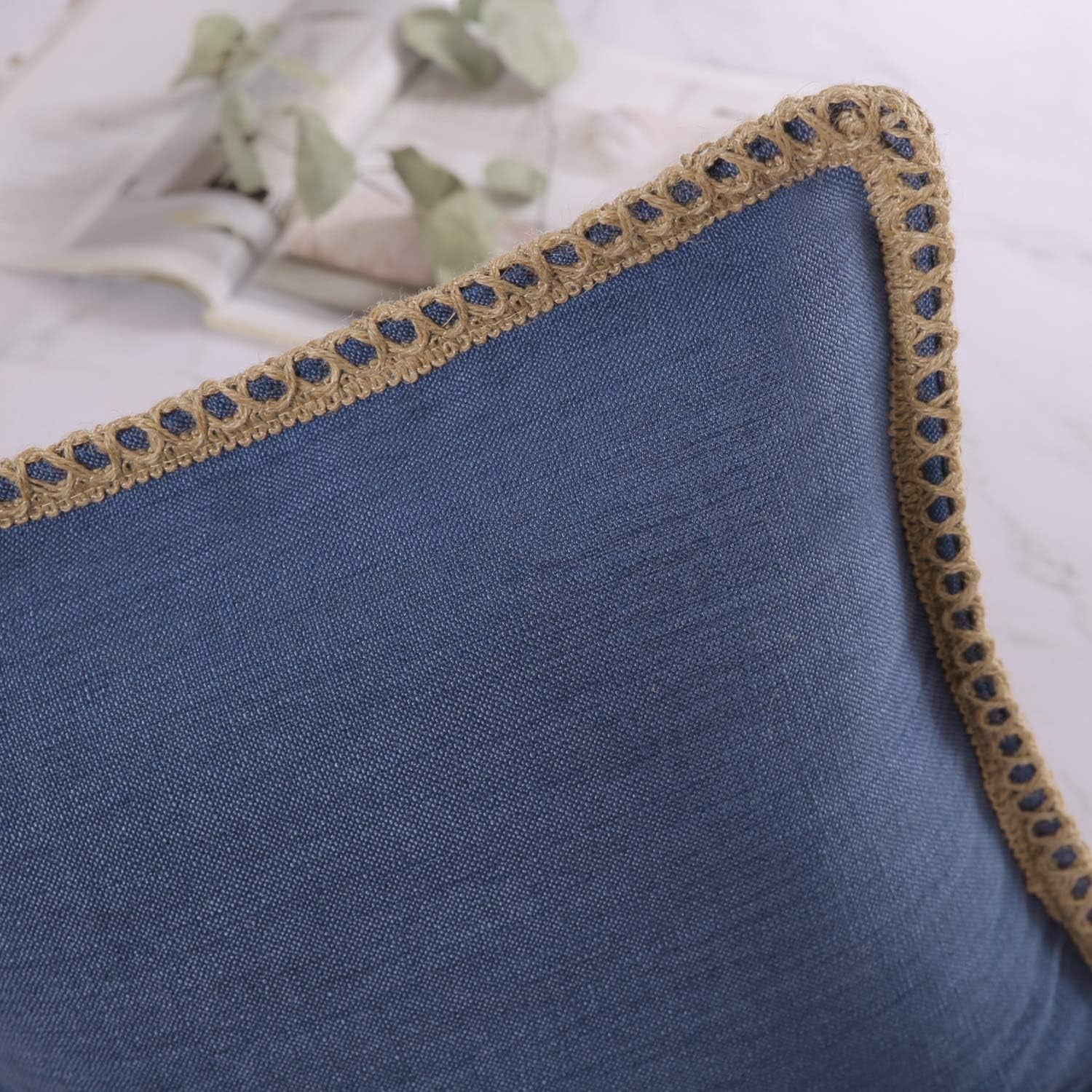 Farmhouse Solid Throw Decorative Pillow Cover Burlap Linen Trimmed Tailored Edges Outdoor Pillow Navy Blue 18 X 18 Inches, 45 X 45 Cm