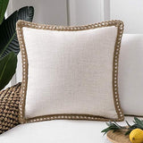 Farmhouse Solid Throw Decorative Pillow Cover Burlap Linen Trimmed Tailored Edges Outdoor Pillow off White 18 X 18 Inches, 45 X 45 Cm