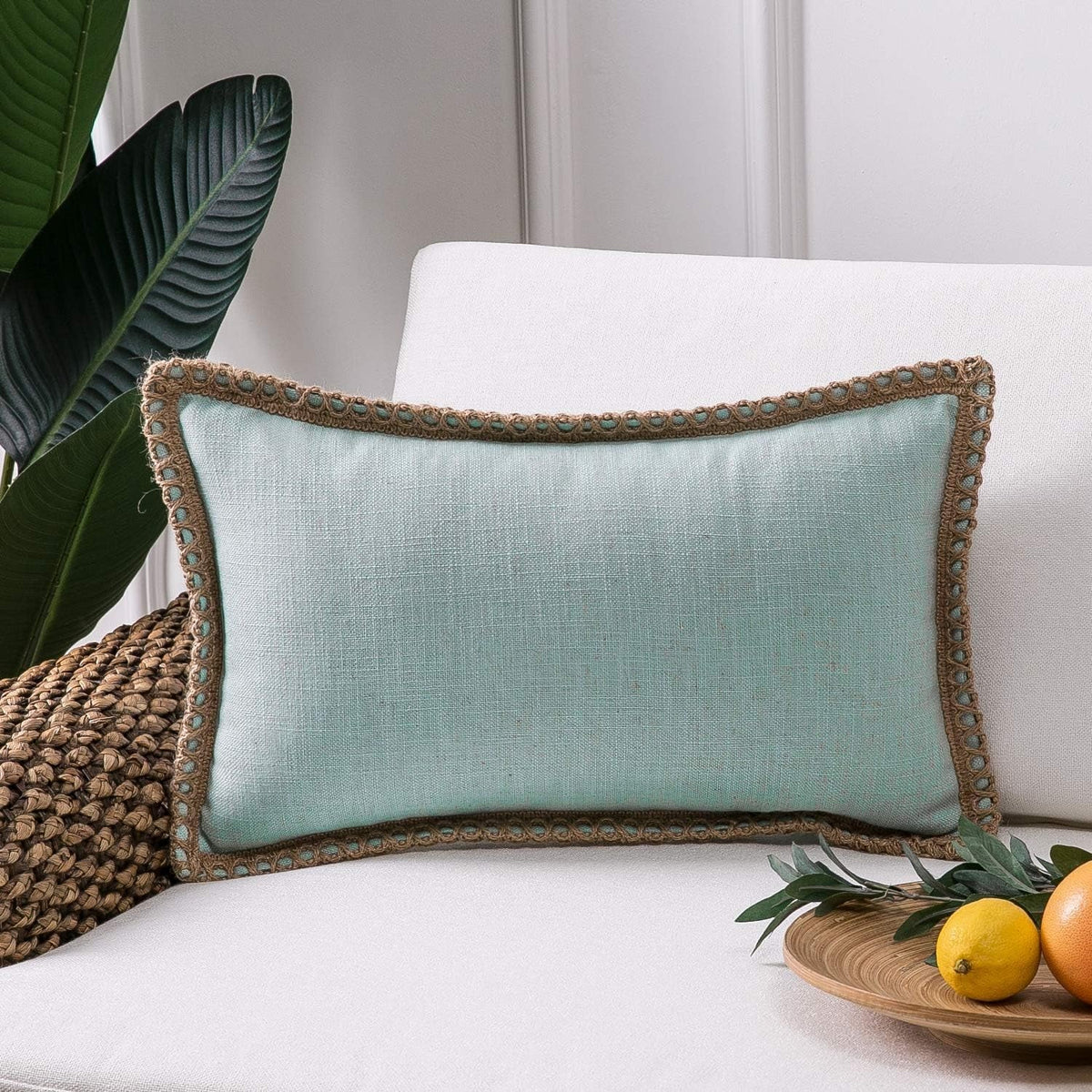 Farmhouse Solid Throw Decorative Pillow Cover Burlap Linen Trimmed Tailored Edges Outdoor Pillow Light Turquoise 12 X 20 Inches, 30 X 50 Cm