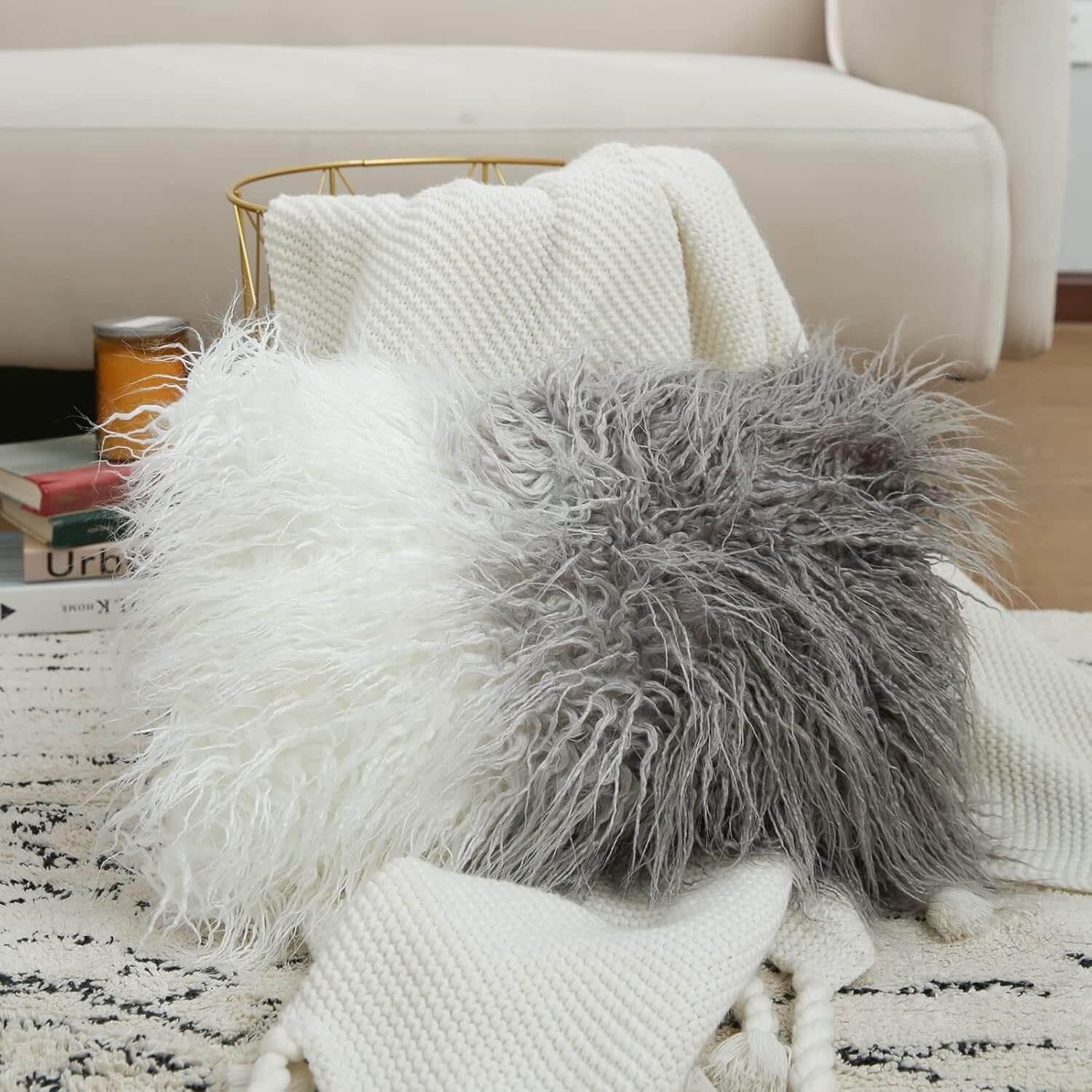  Faux Fur Lumbar Pillowcase, 1-Packed, Decorative Fluffy Throw Pillow Cover 12 X 20 Inches, Luxury Rectangular Cushion Cover for Bed Couch Sofa Living Room, Ombre Grey Villa Pillows