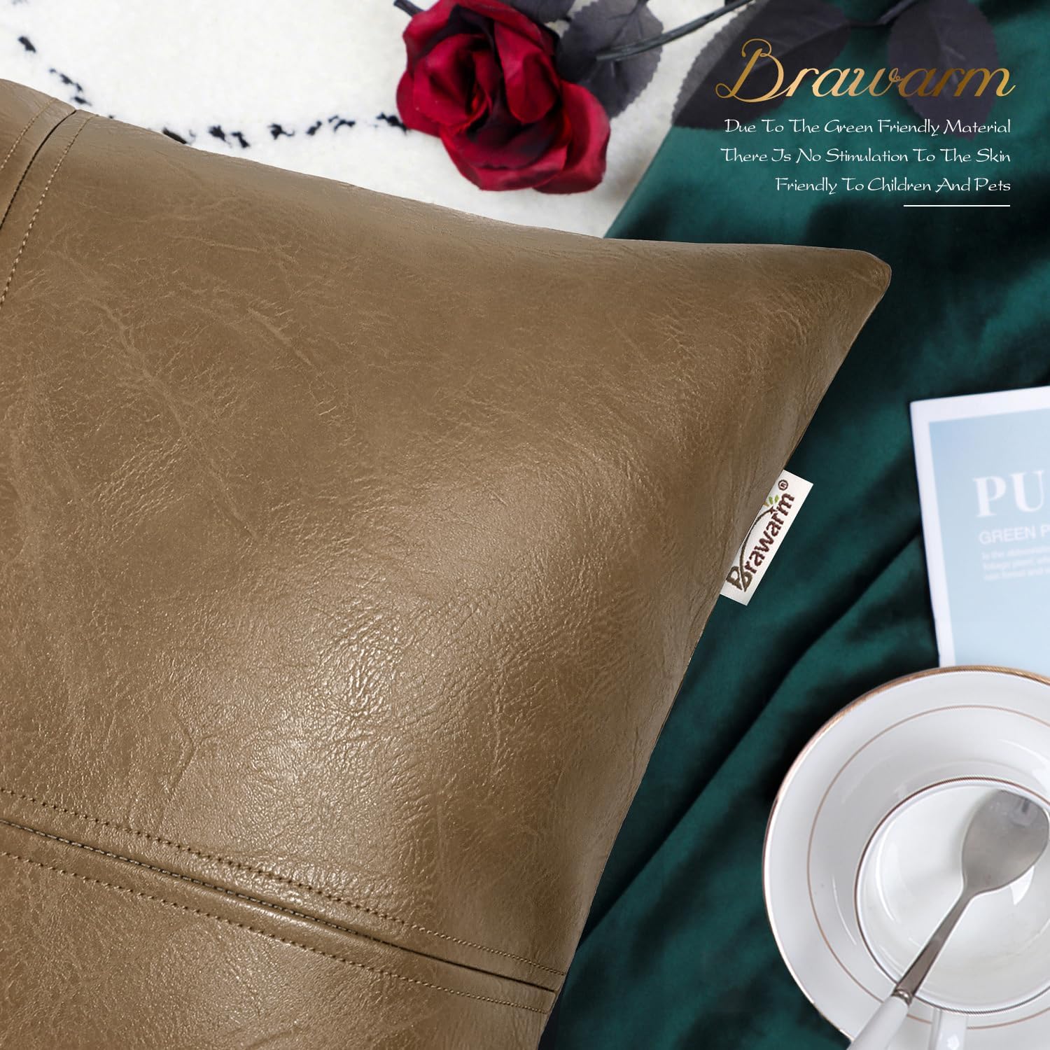  Faux Leather Throw Pillow Covers 12 X 20 Inches, Taupe Leather Pillow Cover, Hand Stitched Leather Decorative Lumbar Pillow Cover for Couch Sofa Bed Living Room Home Garden Villa Pillows