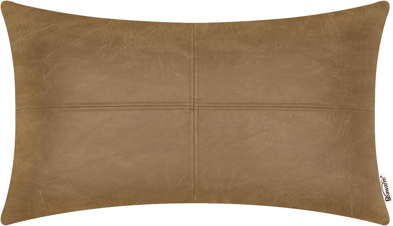  Faux Leather Throw Pillow Covers 12 X 20 Inches, Taupe Leather Pillow Cover, Hand Stitched Leather Decorative Lumbar Pillow Cover for Couch Sofa Bed Living Room Home Garden Villa Pillows