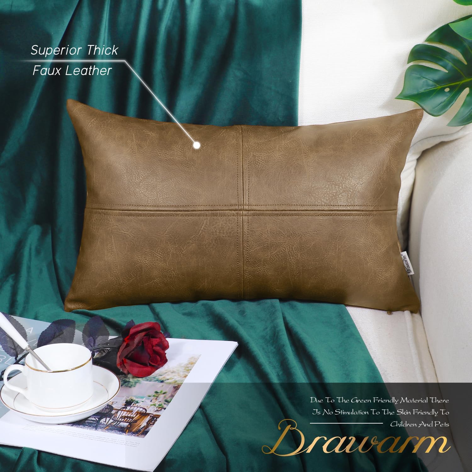  Faux Leather Throw Pillow Covers 12 X 20 Inches, Taupe Leather Pillow Cover, Hand Stitched Leather Decorative Lumbar Pillow Cover for Couch Sofa Bed Living Room Home Garden Villa Pillows