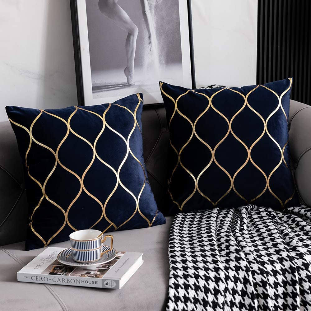 Gold Velvet Throw Pillow Covers Navy: 2 Pack 20X20 Inch Square Decorative Pillow Cases for Bedroom Sofa Couch Living Room