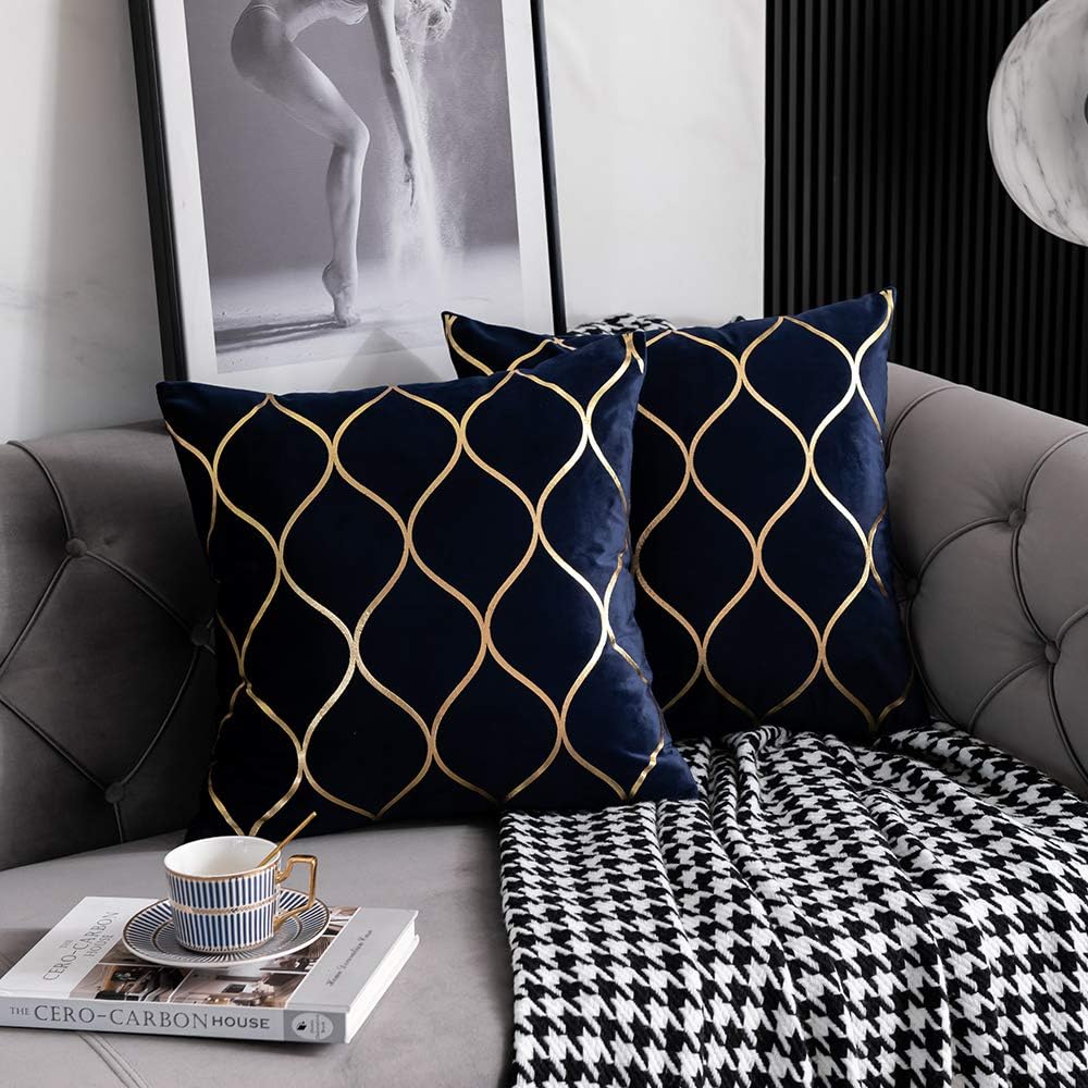 Gold Velvet Throw Pillow Covers Navy: 2 Pack 20X20 Inch Square Decorative Pillow Cases for Bedroom Sofa Couch Living Room