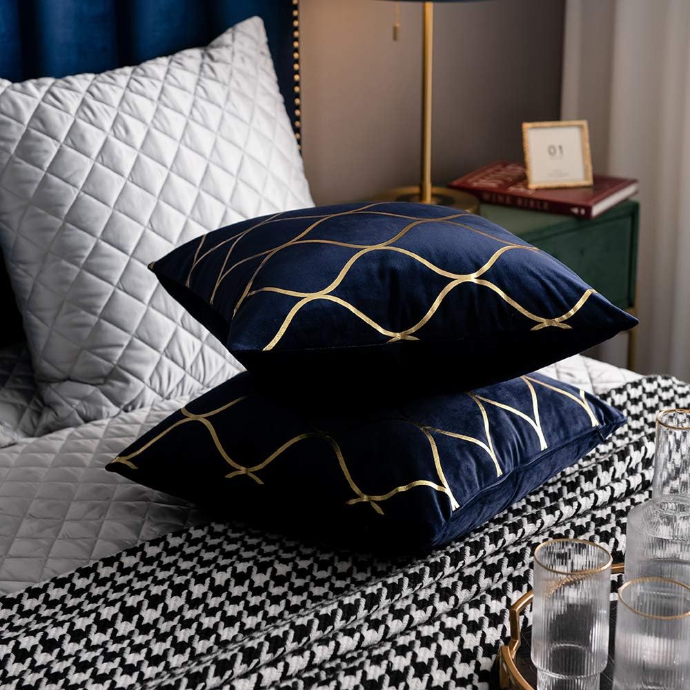 Gold Velvet Throw Pillow Covers Navy: 2 Pack 20X20 Inch Square Decorative Pillow Cases for Bedroom Sofa Couch Living Room