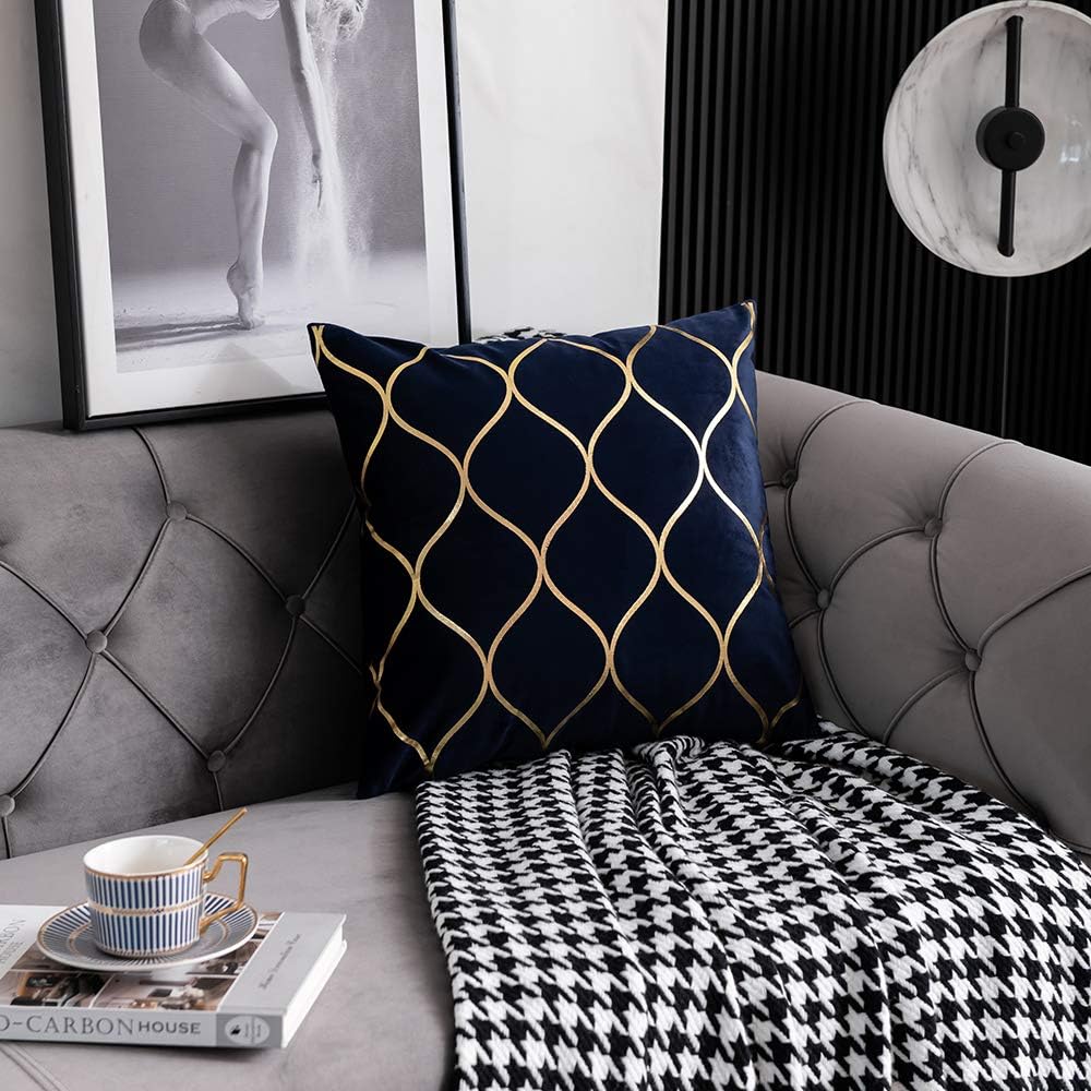 Gold Velvet Throw Pillow Covers Navy: 2 Pack 20X20 Inch Square Decorative Pillow Cases for Bedroom Sofa Couch Living Room