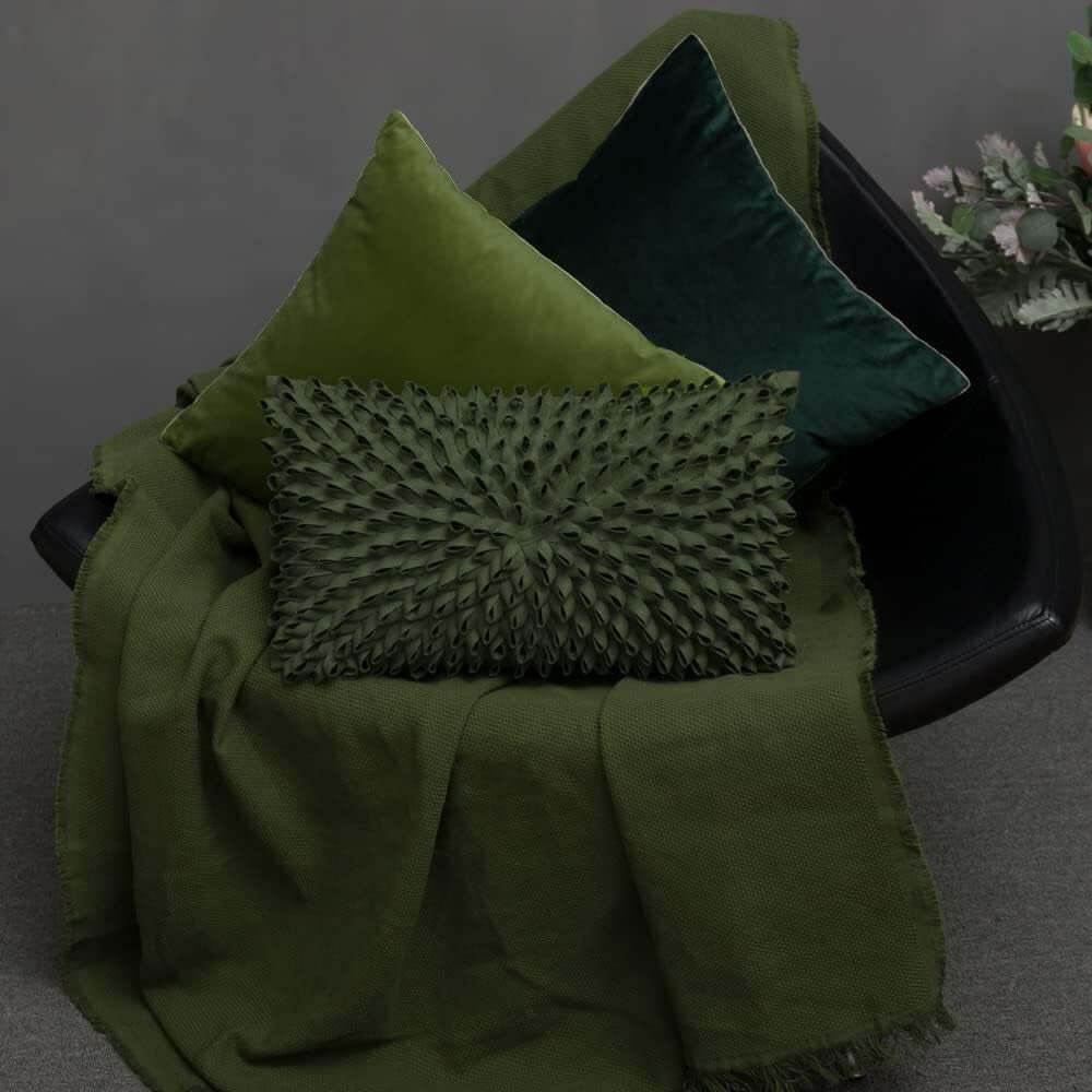  Handmade 3D Floral Decorative Throw Pillow Case Cushion Covers for Bed Living Room 12 X 20 Inches Wool Green Villa Pillows