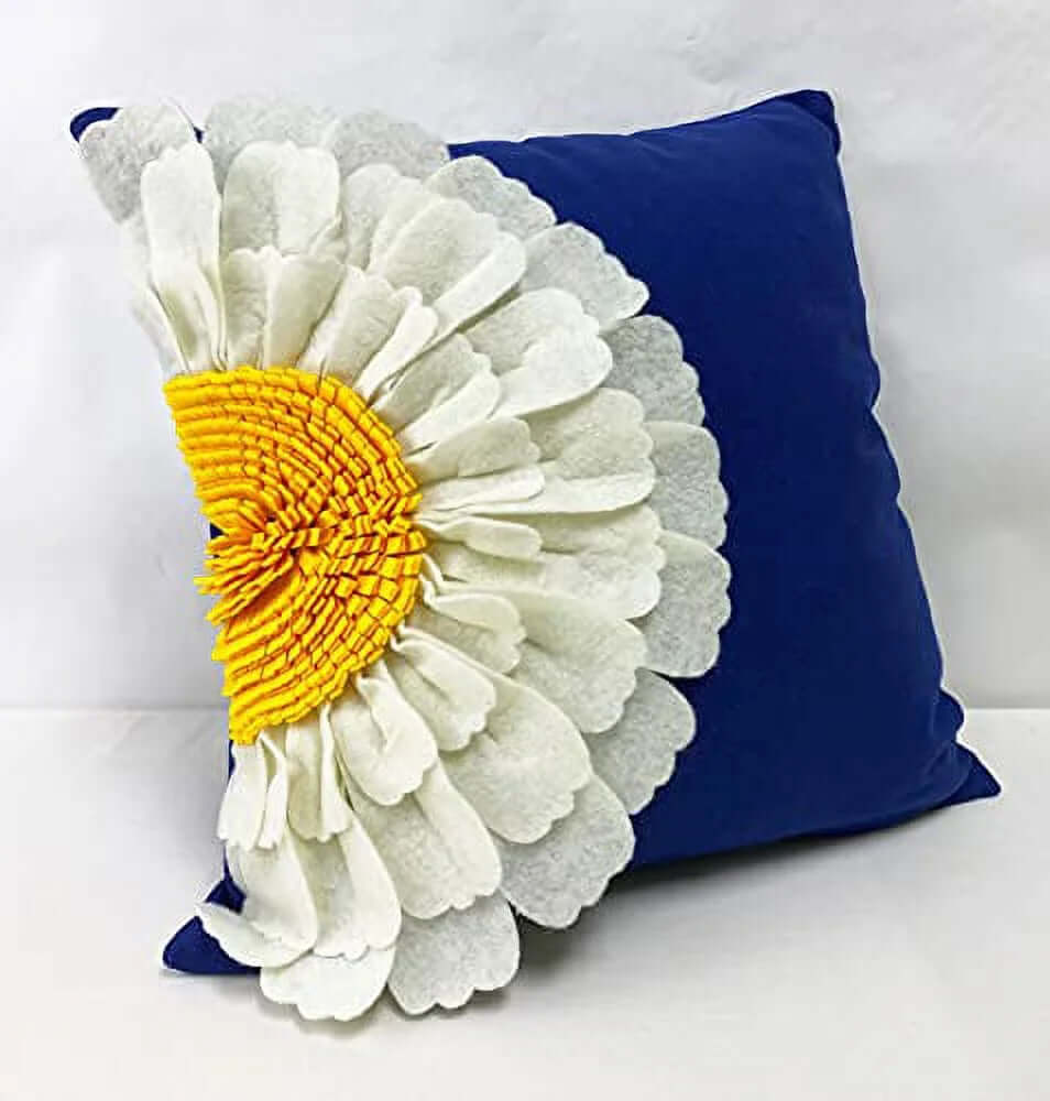  Handmade 3D Half Sunflower Cotton Canvas Decorative Throw Pillow 18" W X 18" L - Navy Blue Floral Cushion for Couch, Bedroom and Living Room Décor Villa Pillows