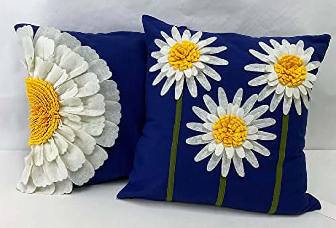  Handmade 3D Half Sunflower Cotton Canvas Decorative Throw Pillow 18" W X 18" L - Navy Blue Floral Cushion for Couch, Bedroom and Living Room Décor Villa Pillows