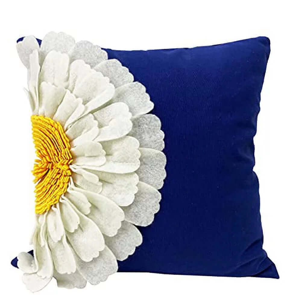  Handmade 3D Half Sunflower Cotton Canvas Decorative Throw Pillow 18" W X 18" L - Navy Blue Floral Cushion for Couch, Bedroom and Living Room Décor Villa Pillows