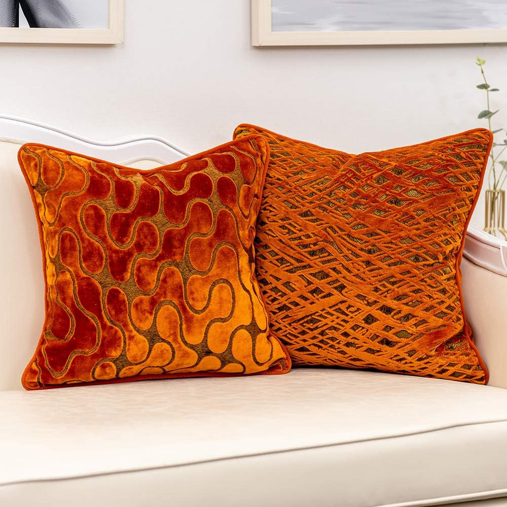 Orange Square Throw Pillow Cover Wavy Velvet Cushion Cover Modern Zippered Pillowcase for Sofa Couch Bedroom Living Room Chair, 18 X 18 Inch