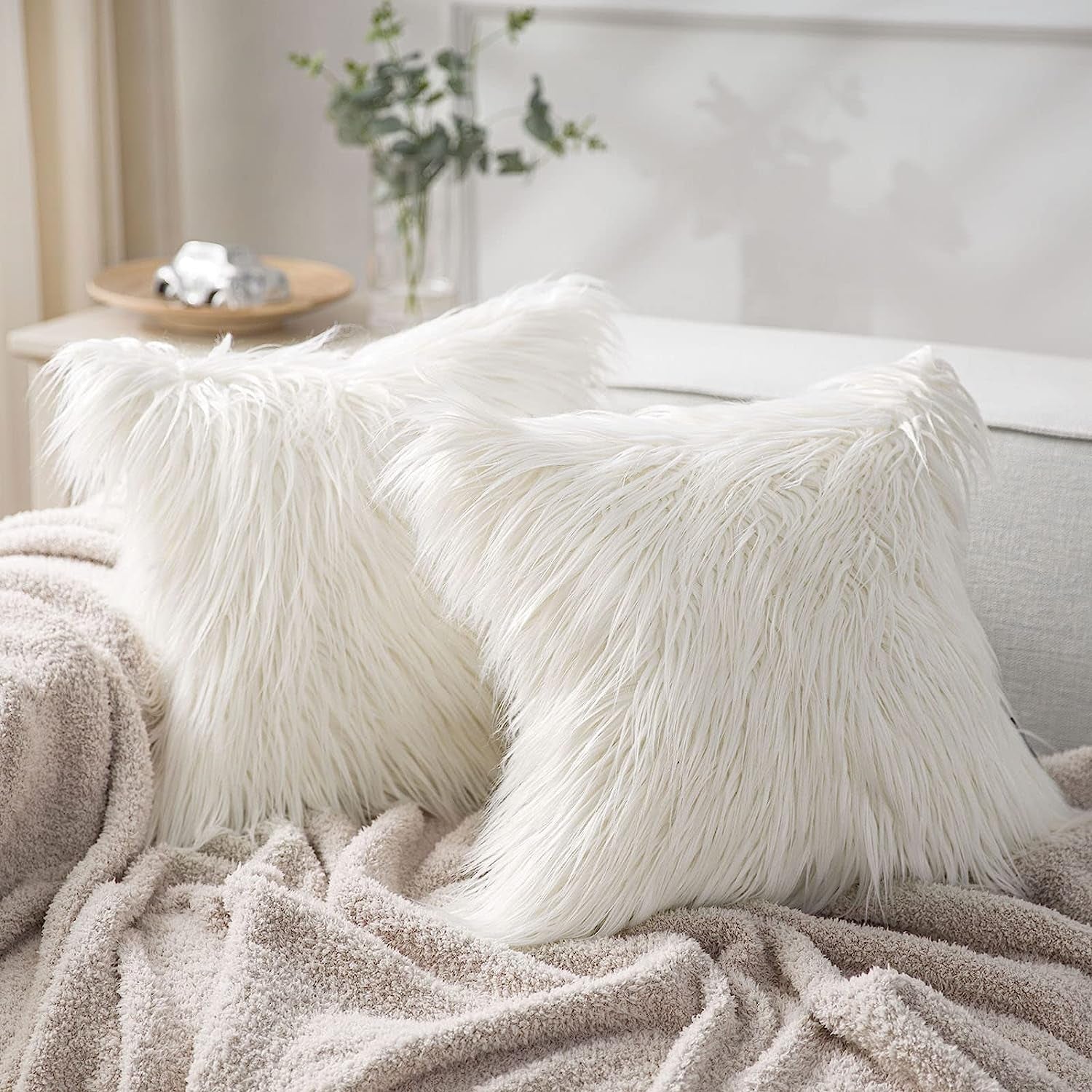 Set of 2 Faux Fur Striped Decorative Pillow Covers - Cream White, 22 x 22 Inches