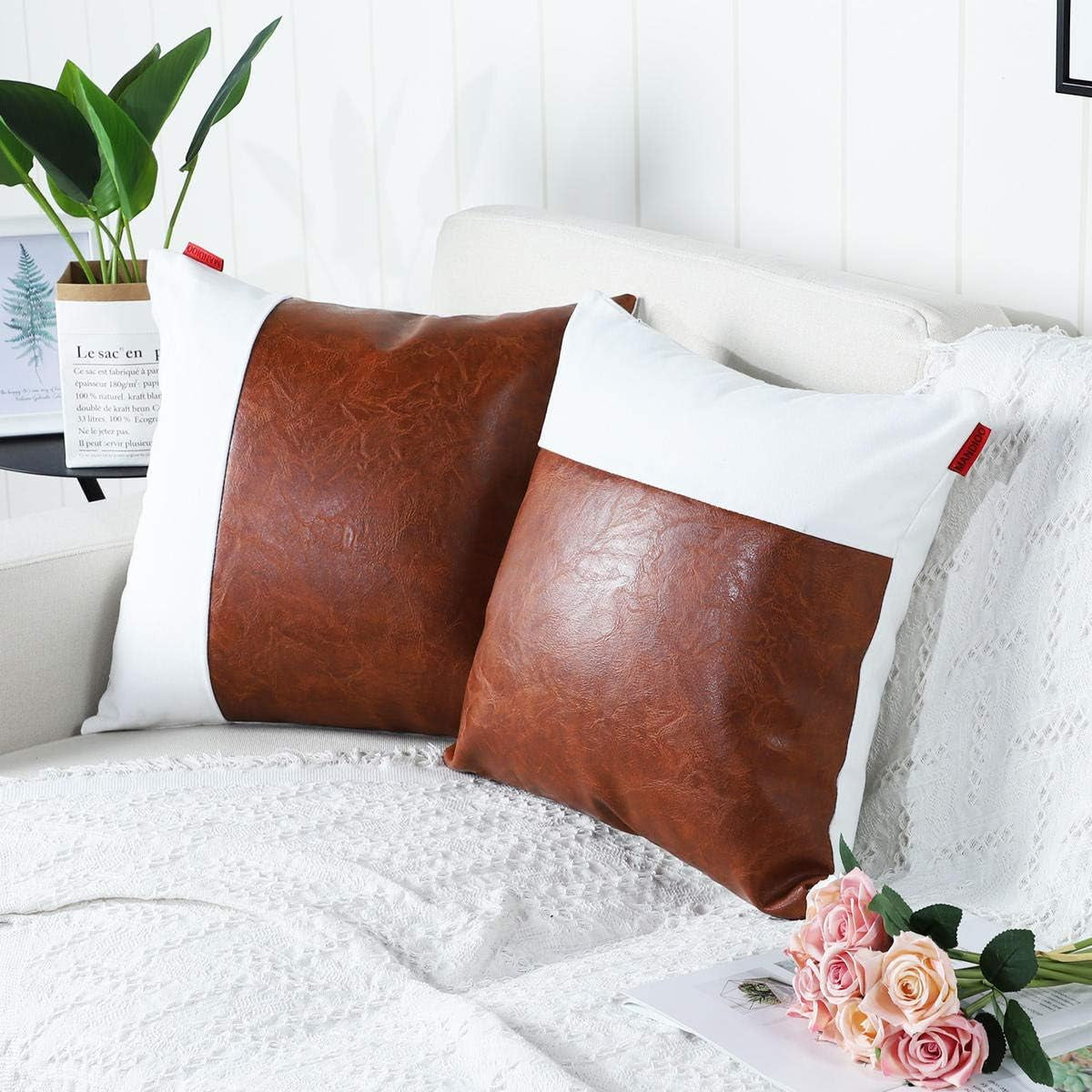 Set of 2 Luxury Boho Decorative Throw Pillow Covers Cushion Cases Faux Leather and Cotton Farmhouse Pillowcases for Couch Sofa Bed 18X18 Inches Brown White