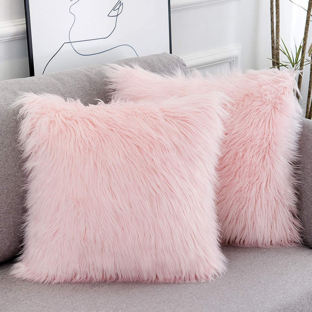 Set of 2 Pink Fluffy Faux Fur Decorative Throw Pillow Covers 18X18 Inch