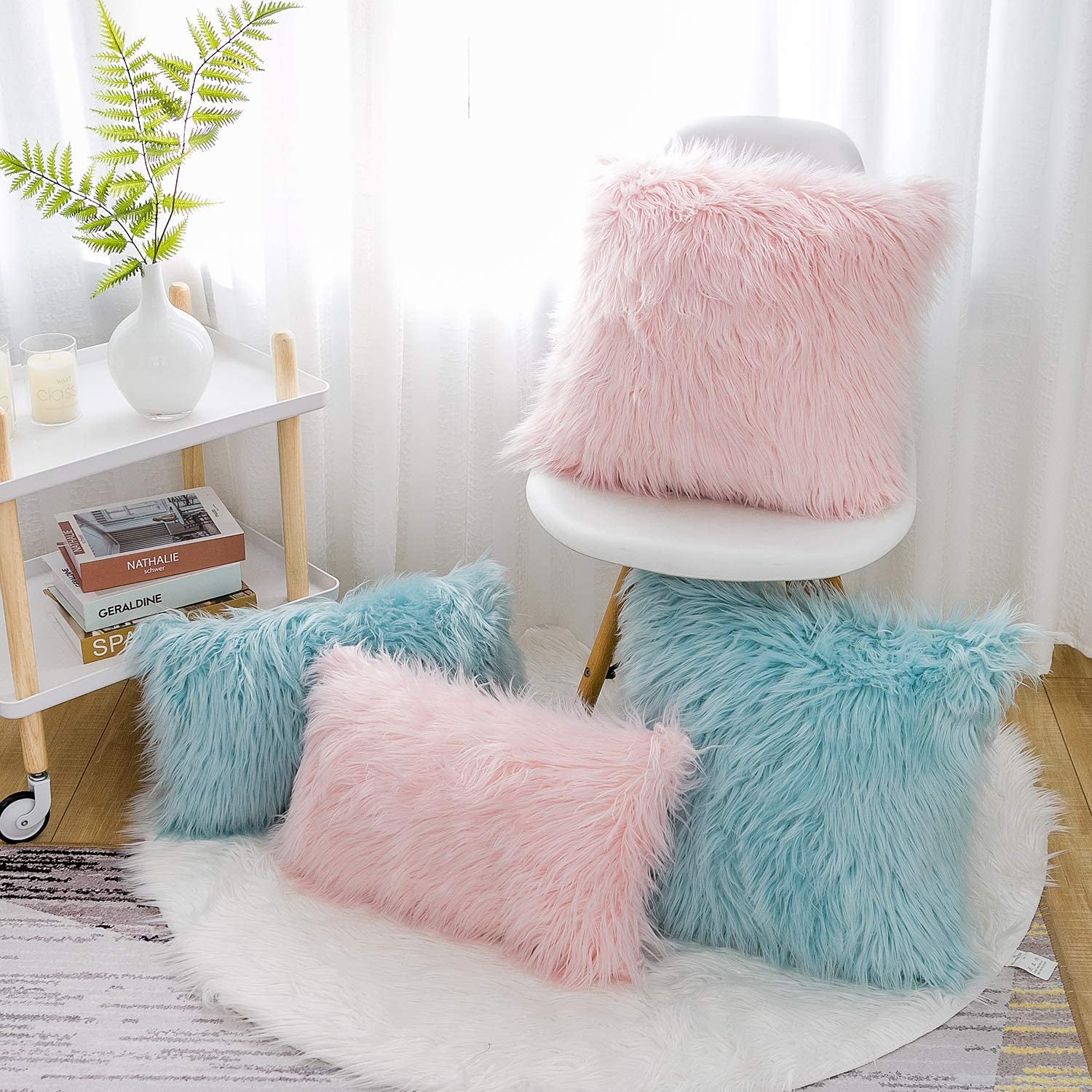 Set of 2 Pink Fluffy Faux Fur Decorative Throw Pillow Covers 18X18 Inch