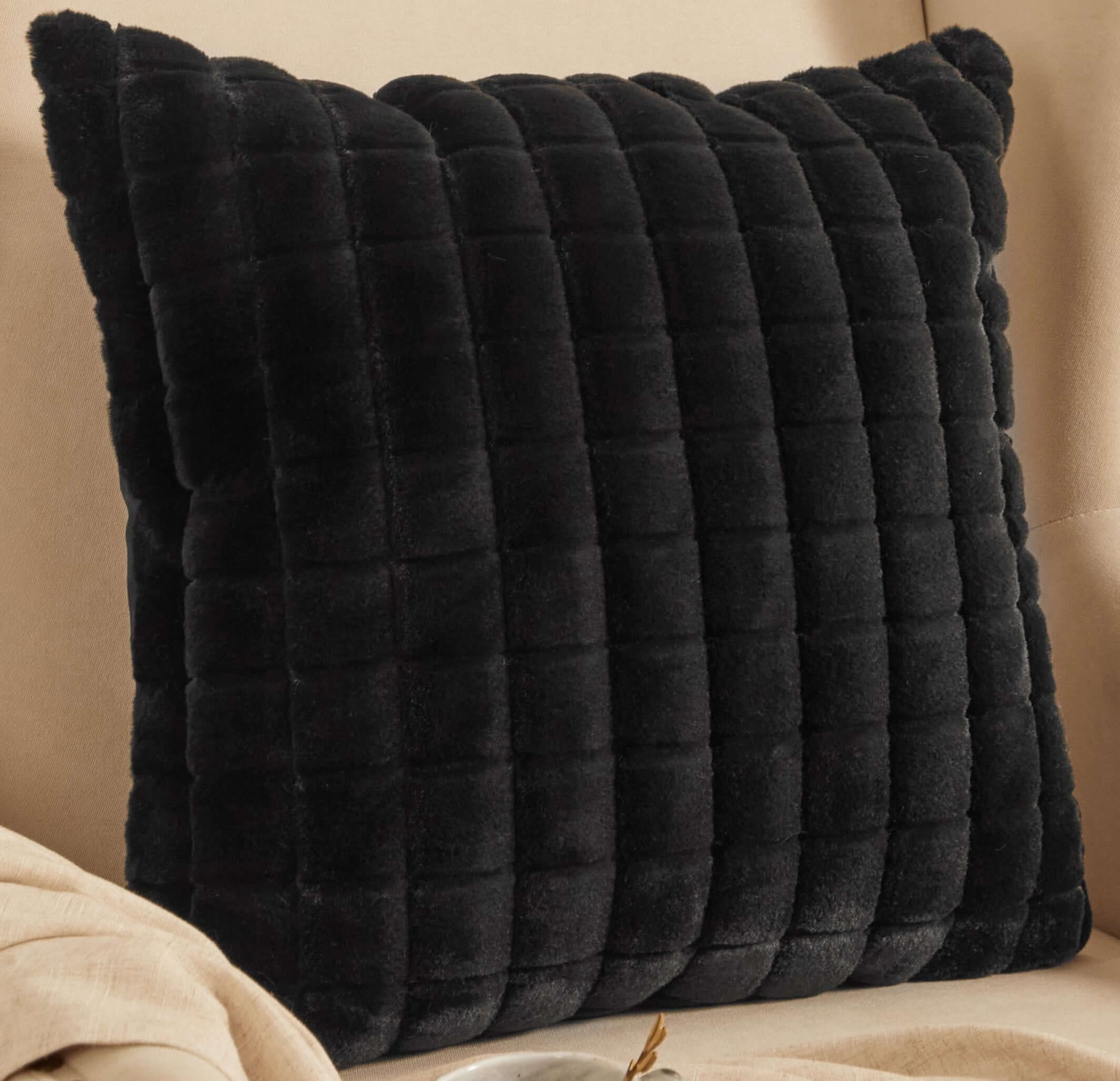  Square Tile Faux Fur Black Pillow, 20 in X 20 In, Polyester Fill Villa Pillows