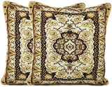  Dada Bedding Tapestry Ornate Throw Pillow Cover - Set of 2 Elegant Royal Persian Style Rug Floral Golden Opulence - Gold Brown Beige Woven Damask Decorative Design Cushion Cases - 16" X 16" (18119) Villa Pillows