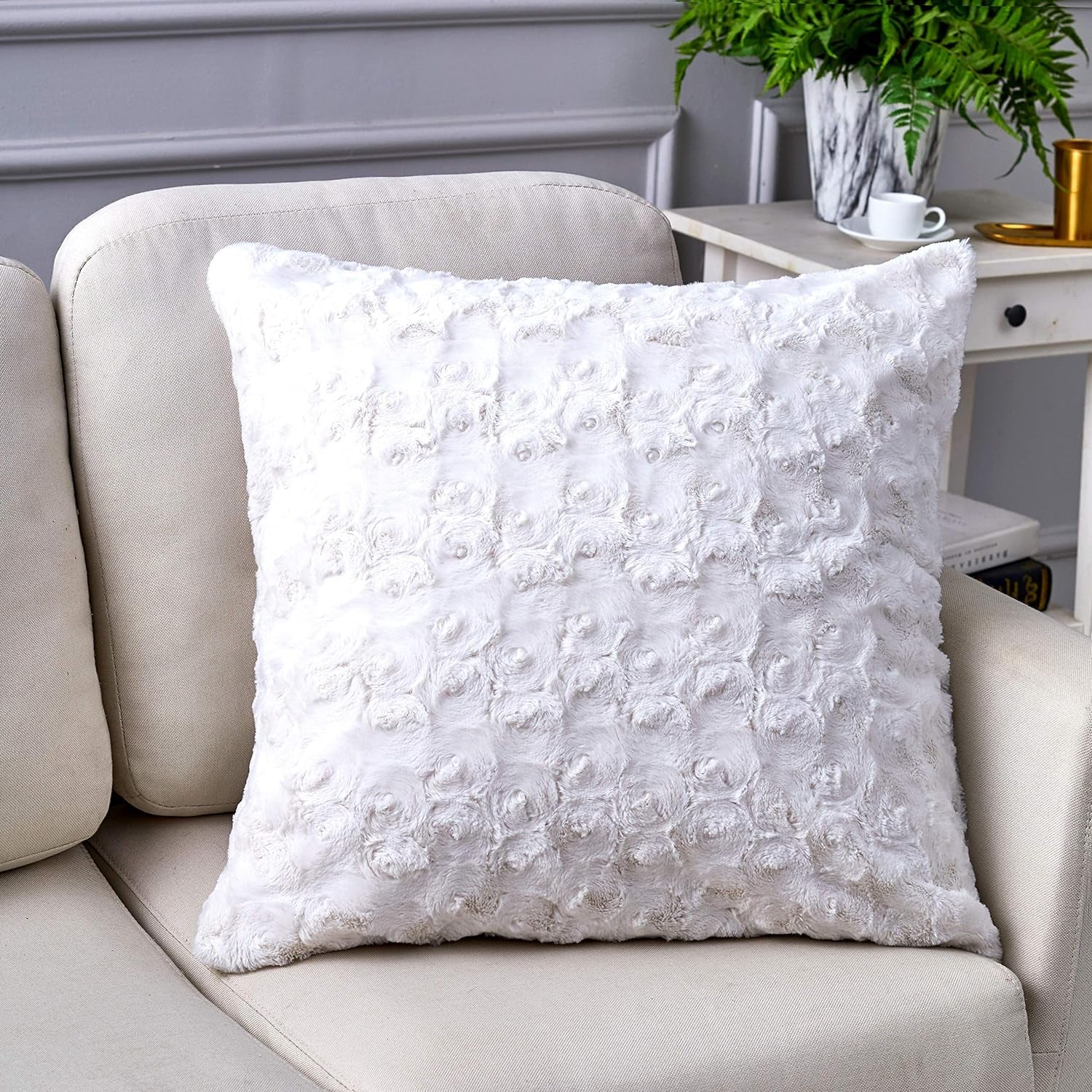  Dada Bedding White Faux Fur Soft Throw Pillow Cover - Fluffy Luxury Roses Swirls Pattern - Square Decorative Cushion Cases Warm Plush - 18” X 18” - 1-Piece Villa Pillows