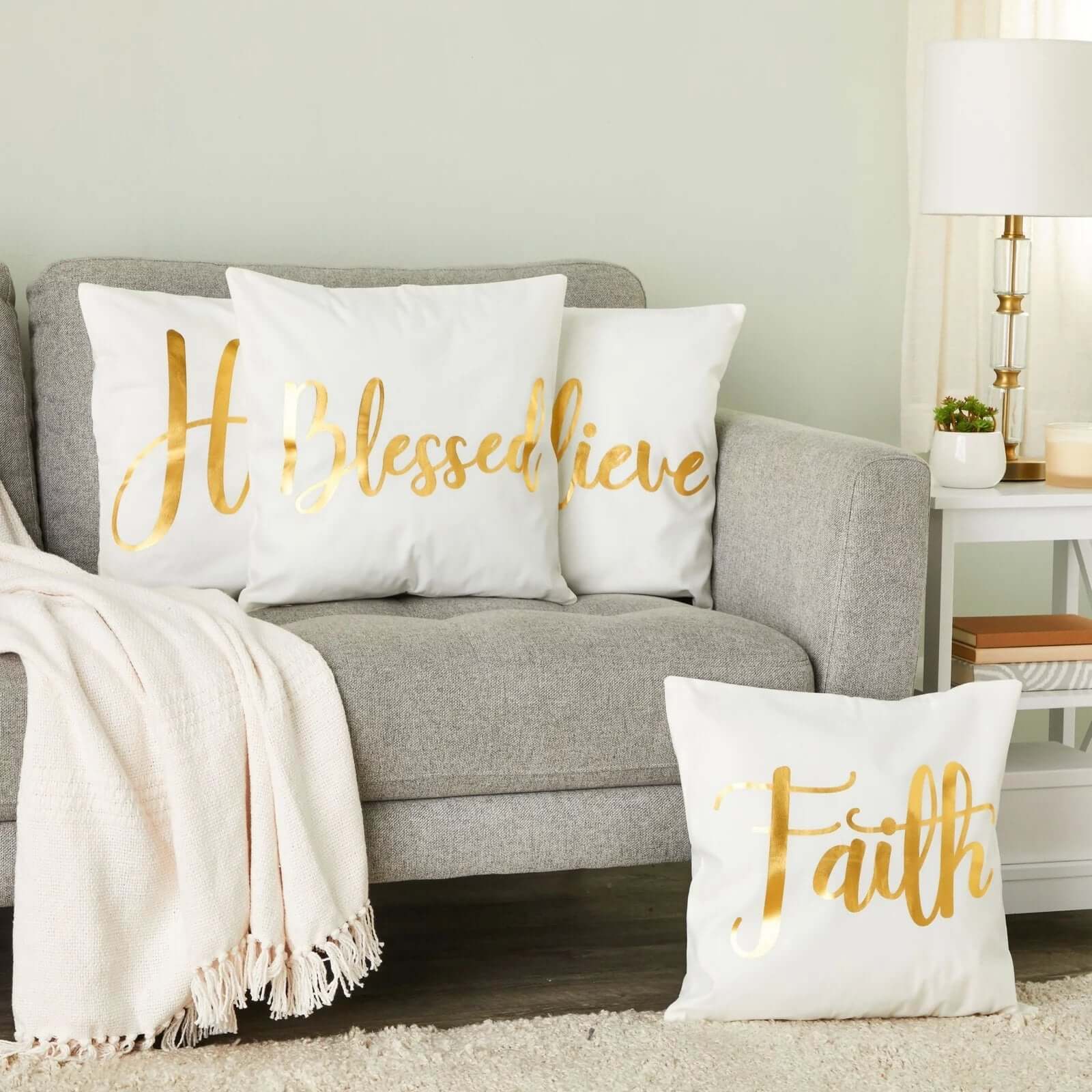  White Throw Pillow Covers, Blessed, Hope, Believe, and Faith (18 X 18 In, 4 Pack) Villa Pillows